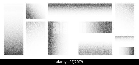 Stippling grain gradient texture collection with dotted halftone fade rectangles, vertical and horizontal noise overlays, monochrome particle backgrounds and speckled transition vector elements. Stock Vector