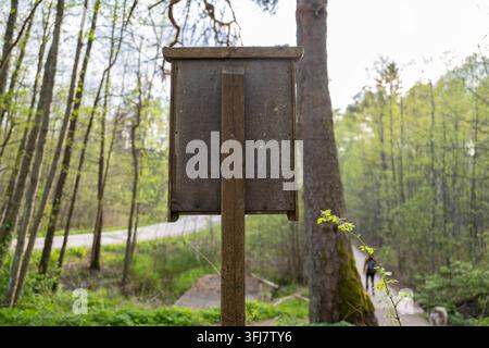 Wooden information board beside hiking trail in green Finnish forest Stock Photo