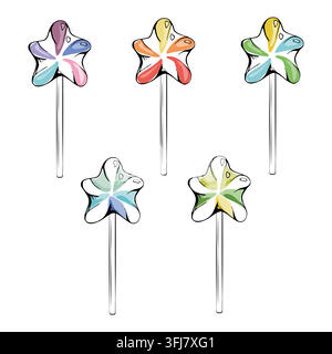 Star lollipop, twisted striped candy pop on stick, brightly colored boiled confection, nostalgic fairground sweet. Isolated hand drawn vector ink Stock Vector