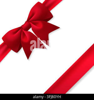 Red ribbon. Realistic bow. Gift decoration. Shiny satin with shadow for decorate your wedding invitation card or greeting card isolated on white back Stock Vector