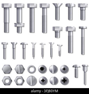 Construction hardware. Screws, bolts, nuts and rivets. Equipment stainless, metalli fix gear, set illustration Stock Vector