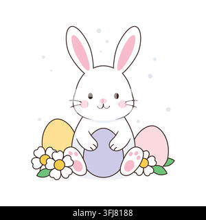 Funny and cute white easter bunny with eaggs and flowers. Stock Vector