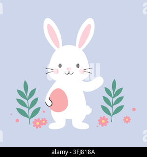 Funny and cute white easter bunny with eaggs and flowers. Stock Vector