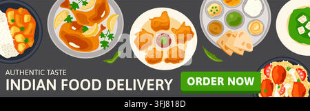 Indian food delivery web banner on dark slate. App order button with asian curry dishes vector art Stock Vector