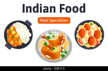 Indian food meat specialties set with roasted chicken. Traditional biryani rice curry. Vector meal Stock Vector