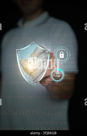 Finger touching AI shield hologram with lock icon and low risk indicator over digital code background. Artificial intelligence cybersecurity, data pro Stock Photo