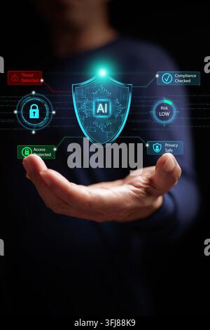 A man holding glowing AI shield surrounded by cybersecurity indicators, threat detection, compliance, low risk, access protection, and privacy safe. D Stock Photo