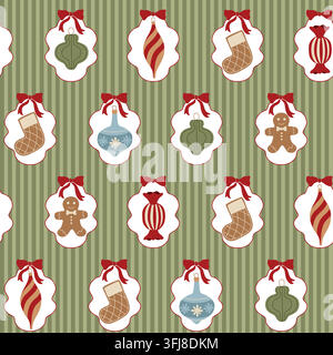 Christmas seamless pattern with stripes, frames, gingerbread man, bauble and candy for seasonal fabric, background, packaging Stock Vector