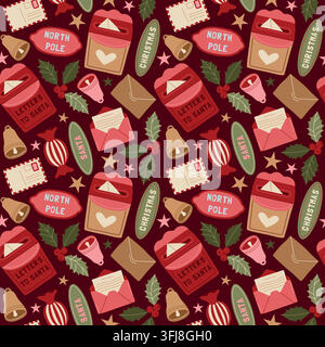 Hand-drawn Christmas seamless pattern with Santa mailbox, holly berry and candy for seasonal wrapping paper, background, packaging Stock Vector