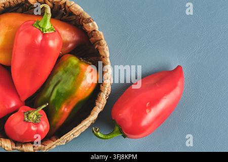 Fresh colorful bell peppers in wicker basket and one pepper on blue background Stock Photo