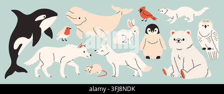 Cute arctic animals vector collection set featuring polar bear, beluga whale, killer whale, white wolf, arctic fox, penguin, snowy owl, and winter Stock Vector