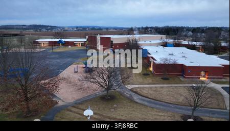 Public school in America. Winter scene of empty playground in evening. Education and teacher theme, Lititz, Pennsylvania. Stock Photo