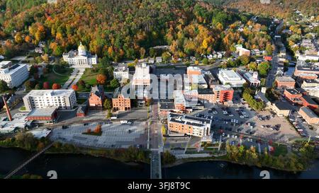 Aerial truck shot of Montpelier Vermont and state capitol building in autumn fall foliage. Stock Photo