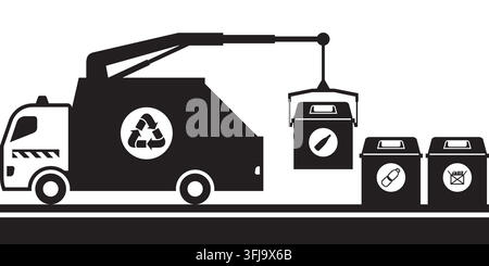 Garbage truck picks up container for separated waste – vector illustration Stock Vector