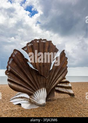 The Scallop by British artist Maggi Hambling on the shingle beach at Aldeburgh, Suffolk. Stock Photo
