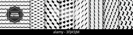 Collection of vector monochrome seamless geometric 3d abstract patterns. Isometric modern structure repeatable cubes backgrounds. Decorative blocks Stock Vector