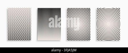 Set of monochrome halftone abstract geometric covers, templates, placards, brochures, banners, backgrounds. Minimalistic striped and dotted gradient Stock Vector