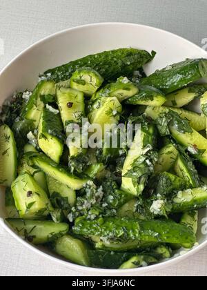 Homemade marinated cucumbers with fresh dill, garlic, and peppercorns in a bowl. Chopped homemade pickled cucumbers tossed with fresh chopped dill, mi Stock Photo