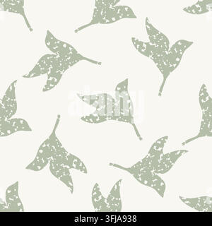 Simple sage green and cream white block print leaves seamless vector pattern background. Vintage style backdrop tossed all over layout. Botanical Stock Vector
