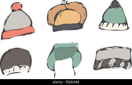 Winter Hats Doodle Set with Cozy Seasonal Headwear Stock Vector