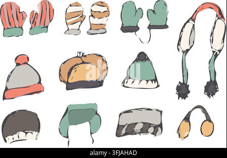 Winter Accessories Doodle Set with Hats Mittens and Earmuffs Stock Vector