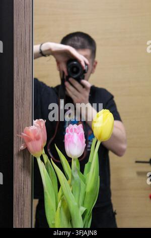 A photographer captures a mirror selfie behind a vibrant bouquet of pink, peach, and yellow tulips in a home setting. Stock Photo