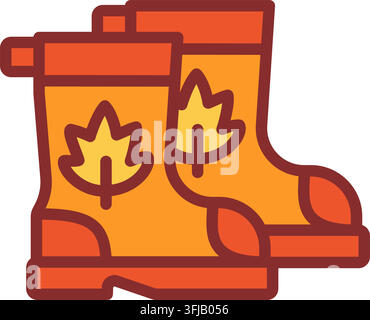 Pair of orange rubber boots with maple leaf emblem simple flat outline illustration Stock Vector