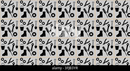 A professional pattern background featuring construction and handyman tools in clean line art and solid glyph style. Perfect for industrial branding, Stock Vector