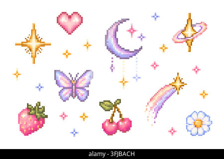 Cute pastel pixel art icons form a dreamy y2k set featuring a heart crescent moon butterfly strawberry cherries flower and sparkling stars Stock Vector