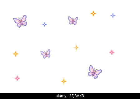 Pastel pixel art butterflies with purple pink and blue wings brighten a white y2k background with cute star and sparkle details in a nostalgic retro s Stock Vector