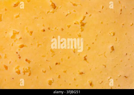 Close up semi hard cheese slice showing glossy porous surface texture Stock Photo