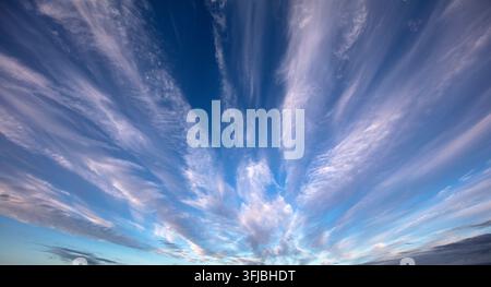 Wispy cirrus clouds sweeping across a vivid blue sky in a dramatic feathered fanned -out pattern Stock Photo
