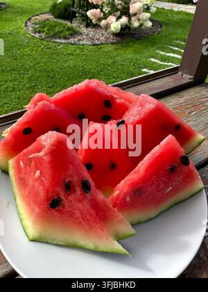 Fresh watermelon slices on white plate. Juicy red flesh with black seeds. Green rind shows crisp texture. Sliced neatly for easy eating. Plated outdoo Stock Photo