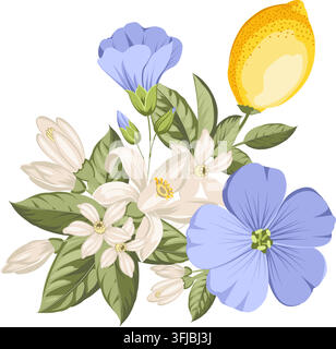 Lemon botanical composition with citrus fruits,blue linen flowers and green leaves. Hand drawn vector illustration isolated on white background. Stock Vector