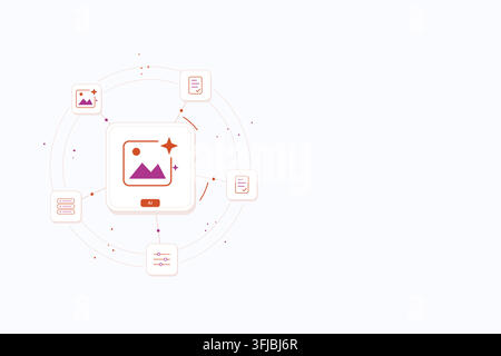Generative AI creative tools with connected technology symbols and editable geometric shapes. Open space on the right for a headline. Stock Vector