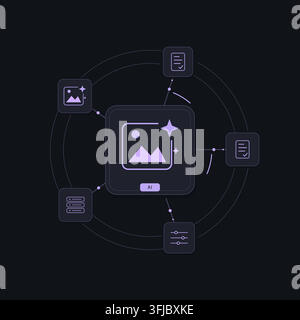 Generative AI creative tools with connected technology symbols and editable geometric shapes. Stock Vector