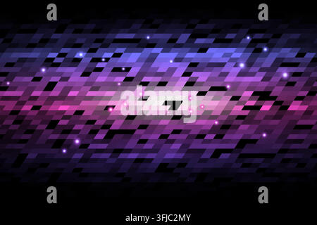 Layered parallelogram tiles form luminous horizontal bands on a black background. Scattered luminous points accent the geometric surface. Stock Vector