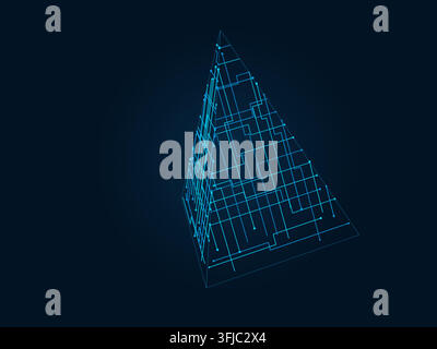 Modern technology-inspired 3D wire pyramid with layered lines and connection points Stock Vector