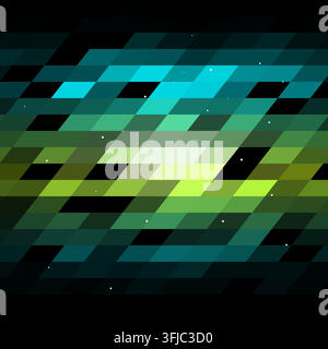 Layered parallelogram tiles form luminous horizontal bands on a black background. Scattered luminous points accent the geometric surface. Stock Vector