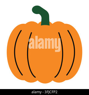 Orange pumpkin icon with green stem in minimal flat style. Vector isolated illustration on white background.  Stock Vector