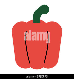 Red bell pepper icon with green stem in minimal flat style. Vector isolated illustration on white background.  Stock Vector