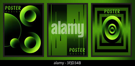 A collection of three contemporary poster designs featuring minimalist geometric elements, circular forms, and vertical lines in vibrant green gradien Stock Vector