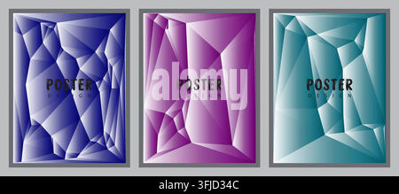A collection of three vertical poster designs featuring abstract low poly geometric patterns with vibrant blue, purple, and teal gradient color scheme Stock Vector