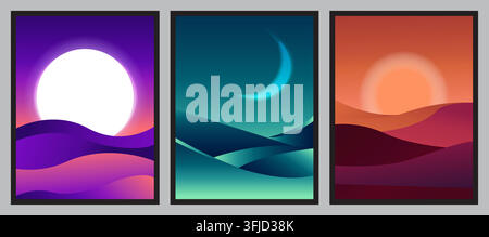 A set of three modern minimalist art prints depicting abstract desert landscapes with a full moon, crescent moon, and sun in colorful gradients. Stock Vector