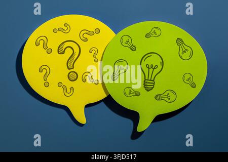 Yellow and green speech bubble notes with drawn question marks and lightbulbs. Brainstorming, problem-solving, FAQ, ideation, solutions concept. Stock Photo