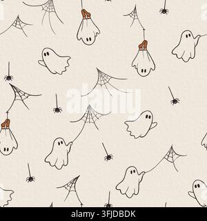 Hand-drawn seamless Halloween pattern with playful ghosts, hanging spiders, cobwebs and orange socks on a warm cream textured background. Stock Photo