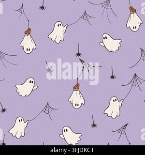 Hand-drawn seamless Halloween pattern with playful ghosts, hanging spiders, cobwebs and orange socks on a textured lavender background. Stock Photo