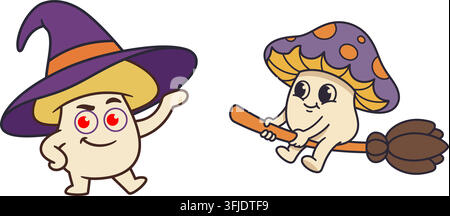Cute cartoon mushrooms dressed as witches for halloween celebration with a broomstick and a magical purple hat Stock Vector