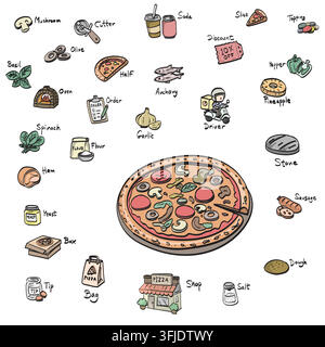 pizza and ingredien illustration vector sketch with black lines Stock Vector