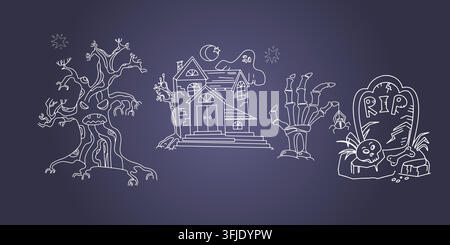 White halloween haunted house vector chalk set. Spooky neon outline tree tombstone skeleton hand illustration. Perfect for autumn holiday night party Stock Vector